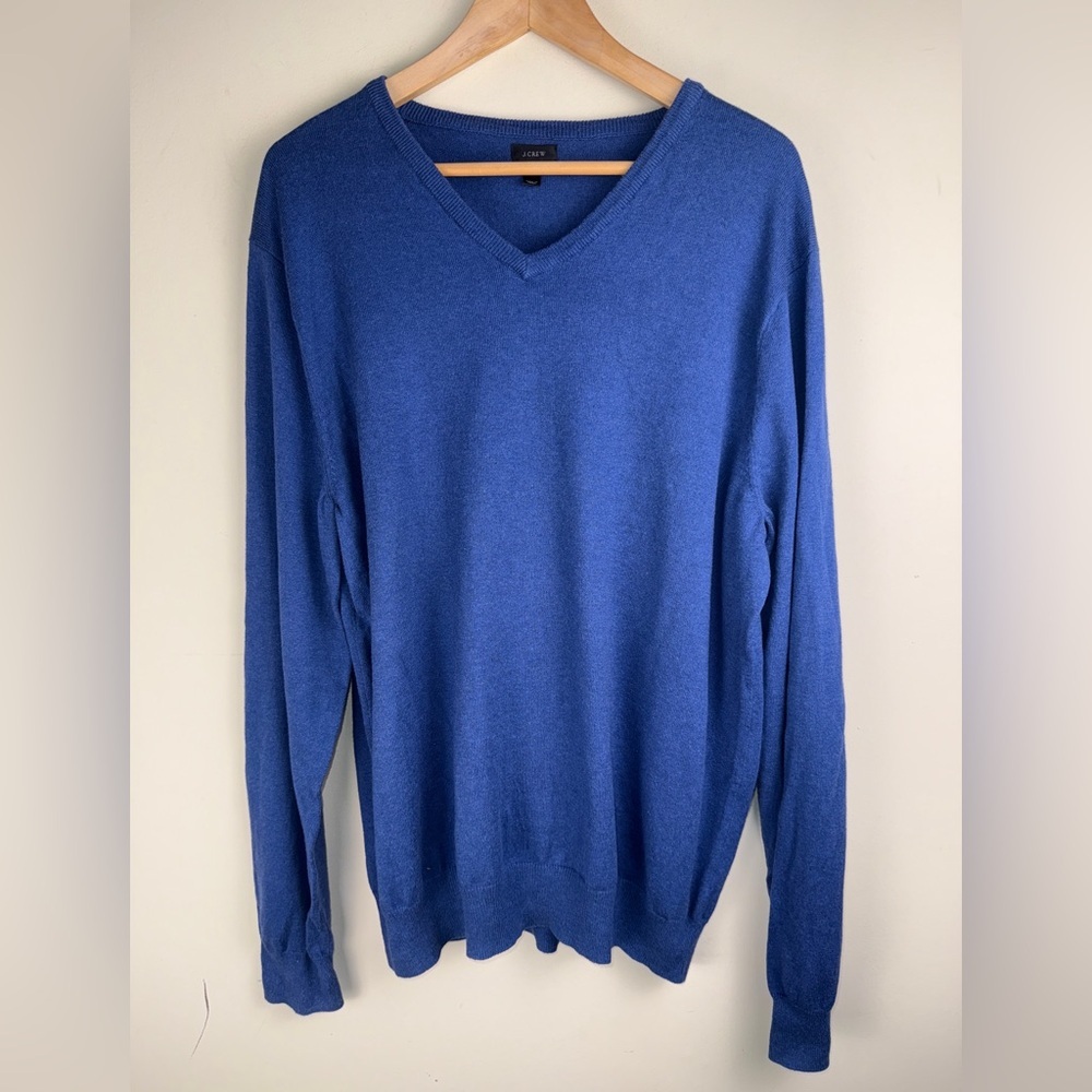 J.CREW Sweater Mens XL Blue V-Neck Pullover Cotton Cashmere Casual Solid‎